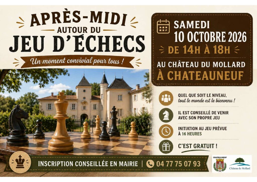 Affiche de l'après-midi jeu d'échecs au Château du Mollard à Châteauneuf le 10 octobre 2026